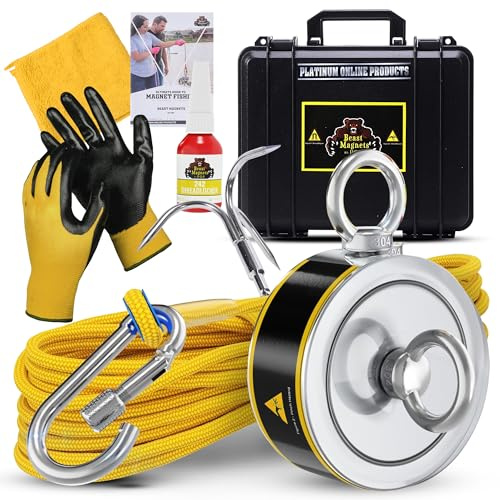 598.7 kg komplettes Magnet-Angelset, doppelseitiges Angelmagnet-Set mit Etui, inklusive starkem Neodym-N52-Magnet, langlebiges 19.8 m langes Seil, Handschuhe, Grappling-Haken und Tragetasche