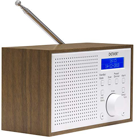 Denver DAB-46 DAB/DAB+ Digital & FM Portable Radio with Dual Alarm Clock – Mains & Battery, Snooze & Sleep, Real Wood Effect Finish