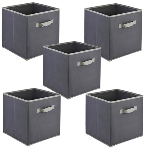 GEEZY Foldable Non-Woven Fabric Storage Cubes with Handle, 30x30x30cm, Grey, Set of 5 - Toys, Books, and Clothes Storage Organiser - Suitable for Cube Storage Units, Closets, Shelves, Drawers