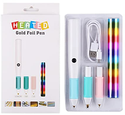 Briartw 3 Tips Hot Heated Foil Pen Set USB DC5V Powered Pen for Adding Shining Handwritten Scrapbooking Tool Kits with Rainbow Color Foil Paper Roll Glimmer Card Making Craft