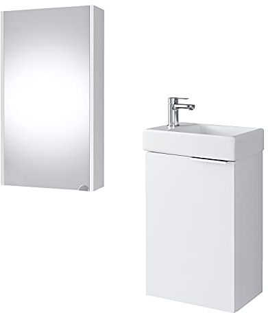 Planetmöbel Waschtischunterschrank mit Spiegelschrank Badmöbel Set 40cm für Badezimmer Gäste WC Weiß