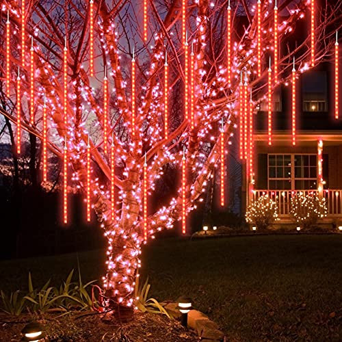 CGUOZI 80cm 8 Tubes 576 LEDS Luci di pioggia di meteora doccia, impermeabile Luci di stringa per Natale Halloween Albero del giardino Home decor, Supporto 3 Set di gancio Rosso