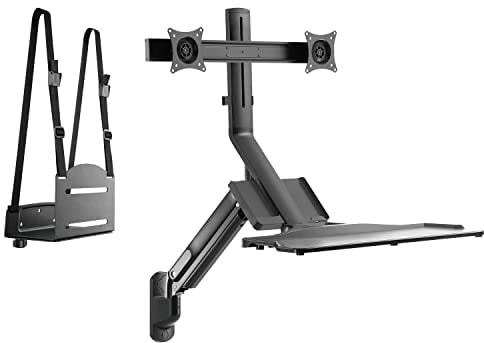 Maclean MC-633 3 in 1 Sitz-Steh-Arbeitsplatz: 2-Fach Monitorhalterung Wandhalterung mit Tastatur-Ablage und Computer-Halterung Wandhalterung 17-32 Zoll Gasfeder