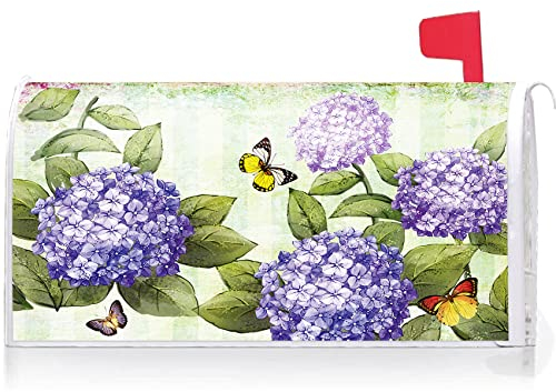 Texupday Hortensien-Briefkasten-Abdeckung mit Blumenmuster, Schmetterlings-Dekoration, mit Magnetstreifen, Federbriefkasten, Postbox-Abdeckung, Außenbereich, Hofdekoration