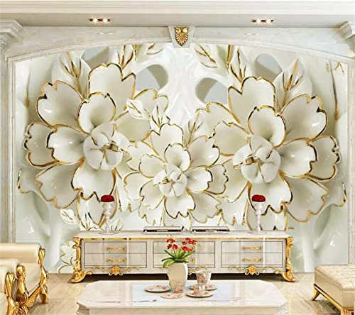 SHINERING Custom Wallpaper 3D Flower Open Rich White Porcelain Gold Embossed 5D Background Wall Papers Home Decor 8D Wallpaper 430cm(L)×300cm(H)