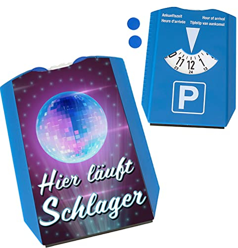 Hier läuft Schlager Parkscheibe für Schlagerfans mit 2 Einkaufswagenchips witzige Parkuhr mit deiner Musikrichtung für das Auto als Geschenk zum Führerschein