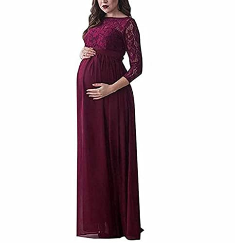 XIXIMAON Robe de Grossesse Longue Femme en Dentelle Robe Matérnité Enceinte d'Été Élégante pour Photographie Soirée Mariage Cérémonie Cocktail (M, Bordeaux)