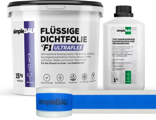 simpleBAU Flüssigfolie Dichtfolie F1 Ultraflex 15 kg + Tiefengrundierung 1L und Elastisches Dichtband 10M – Abdichtung für Bad, Dusche, Balkon – Wasserfest, Innen & Außen