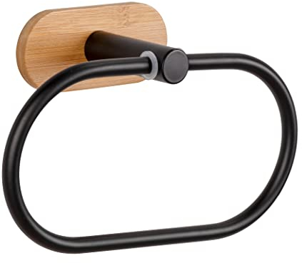 WENKO Turbo-Loc® Handtuchring Orea Bamboo, Halter für Handtücher aus Schwarz matt lackiertem Edelstahl kombiniert mit Einer Wandhalterung aus Bambus, Befestigung ohne Bohren, 19,5 x 12,5 x 8 cm