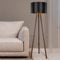 Lampadaire Stylé Trépied Lampe sur Pied MDF PVC Textile Douille E27 Hauteur 136 cm Effet Noyer Noir