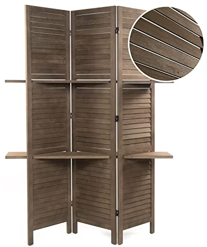DESIGN DELIGHTS Holz RAUMTEILER Cottage II | 3-teilig, 170x120 cm, Holz | Paravent mit Regalböden, Faltbarer Raumtrenner, Trennwand, Sichtschutz mit Ablage | Farbe: braun
