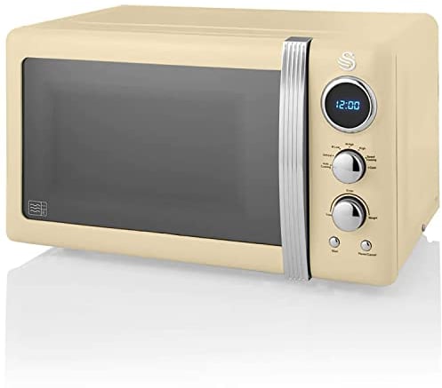 Swan Retro SM22030CNEU Microonde Digitale 20L, 5 Livelli di Potenza, Funzione di Scongelamento, Timer 60 Minuti, Porta Effetto Specchio, Piatto Girevole 27 cm, Design Vintage, Crema