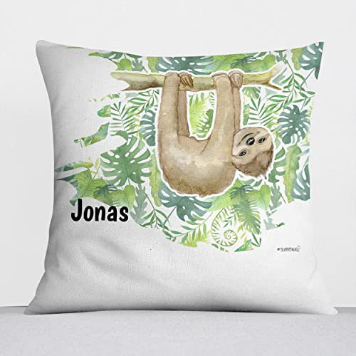 Sunnywall® Kissen mit niedlichen Motiv für Kinderzimmer Babyzimmer Kuschelkissen Tiermotive individuell personalisiert 40 x 40 cm (40 x 40 cm, Faultier (hängend))