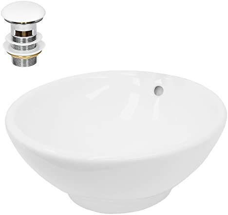 ECD Germany Lavabo Cerámico Blanco Redondo Ø 420x 170 mm para Baño con Agujero de Conexión Estandar Lavamanos sobre Encimera Diseño Asimétrico Moderno Fregadero con Juego de Desagüe Pila con Drenaje