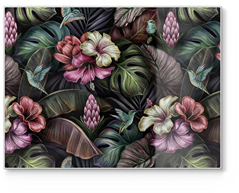 DEQORI Schneidebrett aus Glas | groß 40x30 cm | Motiv Blüten, Blätter und Vögel | Design Schneideplatte für Küche | Frühstücksbrett antibakteriell & rutschfest | Glasplatte & Servierplatte