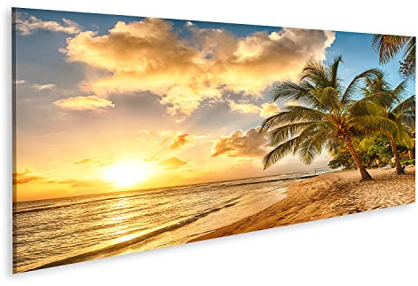 islandburner Bild auf Leinwand Schöner Sonnenuntergang Meer Palmen Am Weißen Strand Insel Barbados Wandbild Poster Bilder 120x40cm - Panorama