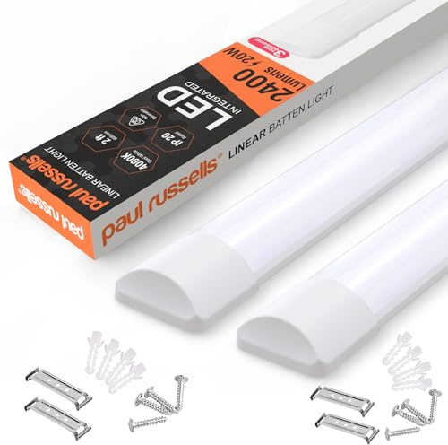 paul russells 2ft LED Batten Light, Ceiling Fitting Tube Light, 4000K Cool White, 20W, 2400 Lumens, Light for Office, Bathroom, Kitchen, Garage, Warehouse Fluorescent Lighting Replacement, 2 Packs