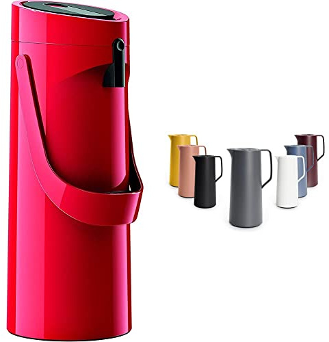 Emsa 515708 Ponza Pump-Isolierkanne, Thermosflasche, 1,9l Füllvolumen,rot, 17 x 16.5 x 39 cm & N41701 Motiva Isolierkanne | 1 Liter | Quick-Press-Verschluss | 12h heiß, 24h kalt Anthrazit