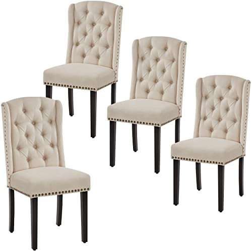 Yaheetech Upholstered Dining Chairs Set of 4 Button Tufted Dining Room Chairs with Nailhead Trims and Solid Legs for Home, Kitchen, Beige