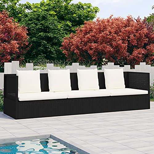 Yolola Verstellbares Schlafsofa Garten-Sofabett Sonnenliege Rattan 3-sitzer-Sofa Gartenmöbel Sofa Liege Couch Loungebett Outdoor Gartenliege Sonnenliege Draußen mit Kissen Schwarz