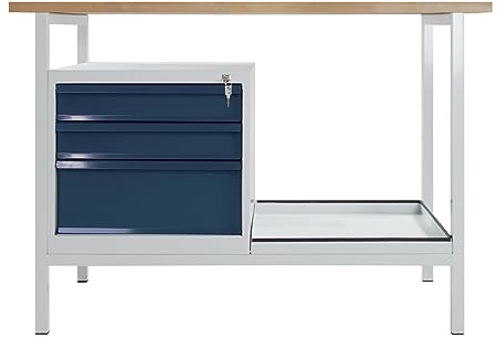 PROREGAL Werkbank Light Rhino mit Ablagefach + 3 Schubladen | HxBxT 82,5x120x60cm | Traglast 300kg | Lichtgrau/Anthrazitgrau | Werkstatttisch Werktisch Packtisch Arbeitstisch