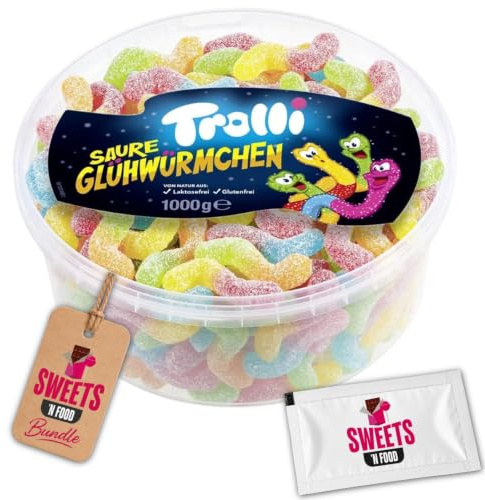 Trolli Saure Glühwürmchen - Explosiv-Saurer Geschmack, 1kg Wiederverschließbare Dose - Saure Würmer | Mit stylishem SWEETS´N FOOD Packband verpackt