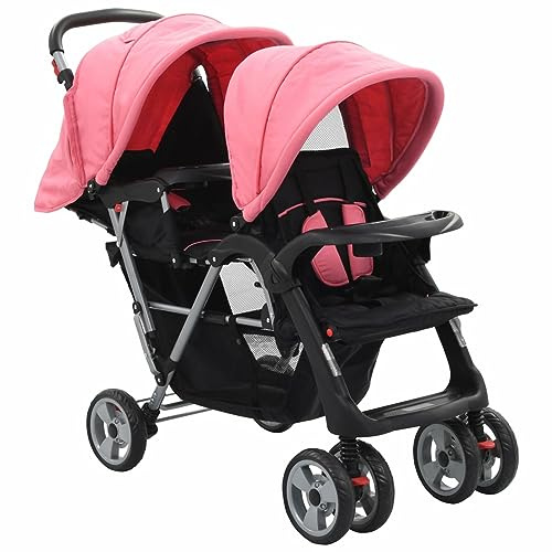 Geschwisterwagen, TANZEM Geschwisterbabywagen, babywagen, Geschwisterwagen, babywagen Zwillinge, Doppelbabywagen, Zwillingsbuggy, Rosa und Schwarz Stahl