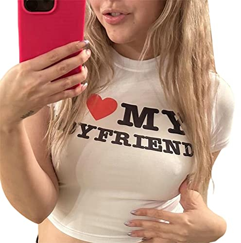 YILEEGOO Damen Basic Slim Fit T-Shirt Tops Kurzarm Y2K Tops Valentinstag Brief /I Love My Boyfriend/ Print Crop Tops Club Party Streetwear, weiß, Small
