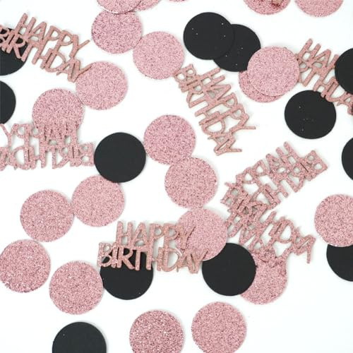 Glitter Rose Gold and Black Happy Birthday Confetti, Pink Polka Dot Paper Confetti, Sprinkling Table Scatter, Birthday Party Table Decorations for Women (100 PCS)