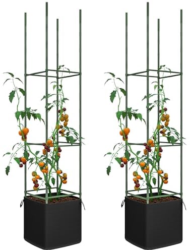 Outsunny 2er-Set Rankhilfe, Rankgitter mit Anzuchtbeutel, Blumengitter, Spalier, Pflanzengerüst, Tomatenkäfig für Kletterpflanzen, Stahl, Grün, 33 x 33 x 180 cm