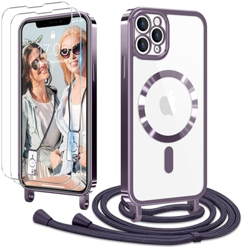 Ethanger Coque pour iPhone 11 Pro avec Cordon de Collier + 2×Verre Trempé, Coque Transparente Silicone TPU Bumper Etui Housse avec Cordon Réglable, Coque Magnétique pour iPhone 11 Pro Violet