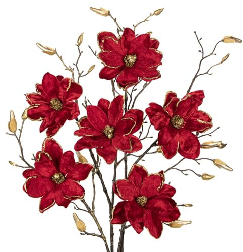 Arborus 3PCS Weihnachtsblumen Weihnachtsdeko Künstliche Magnolie Blumen 76 cm Kunstblumen Rot Künstlicher Magnolienzweig für Vase Weihnachtsarrangement Tisch Deko Regal Deko Weihnachtsbaumdeko