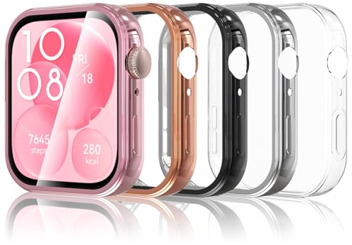 Simpeak 5 Pezzi Cover Compatibile con Huawei Watch Fit 3, Custodia Caso in Gel Silicone Morbida TPU con Pellicola Protettiva Anti-Graffio Full Protezione, Chiaro, Nero, Argento, Oro Rosa, Rosado