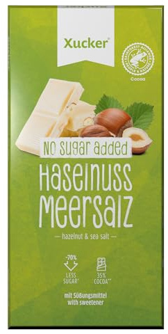 Xucker Weiße Schokolade Haselnuss Meersalz - Leckere Weiße Schokolade mit Haselnuss, Salz und Xylit Zuckerersatz I 35% Kakaoanteil I 70% weniger Zucker (80g)