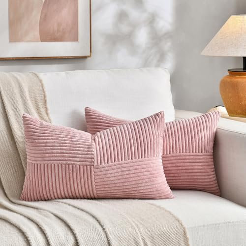 FDTERN Lot de 2 Boho Housse de Coussin 50x70 Rose,à Motif Croisé Decoration Housses de Coussin en Velours Côtelé,Douillet Housse Coussin Moderne pour Chambre Lit