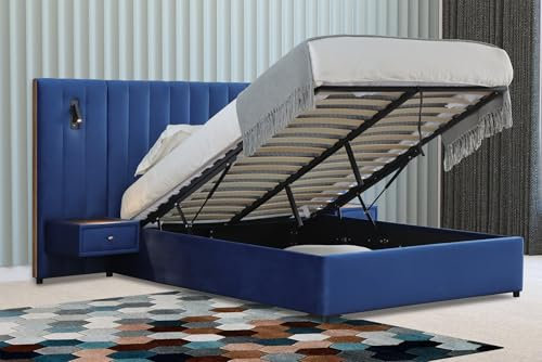 Hotel Bed Frame King Size | Ottoman Storage Bed With Bedside Tables Lights USB Headboard | Luxury Padded Velvet Upholstered Bed Navy Blue (No Mattress, King Size)