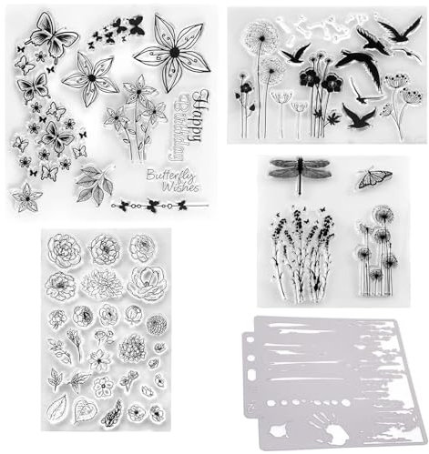 JRYGAC 4 Blätter Stempel Clear Stamp Set mit 1 Plastik Hohlschablone, Silikonstempel Enthält Eine Vielzahl von Mustern Silikon, Stampin Up Stempelset, Stempel Set, Clear Stamp für Diy Scrapbooking