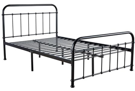 Home Source Black Metal Bed Frame, Platform Design with Headboard and Footboard, Hospital Style, Solid Bar Slats, 4ft Small Double