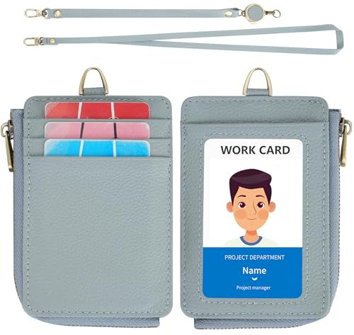 Wason Porta badge in pelle con portafoglio tasca cerniera cordino da collo staccabile, cinturino da polso rimovibile tracolla e bobina retrattile carte multiuso per badge permesso (Blu)