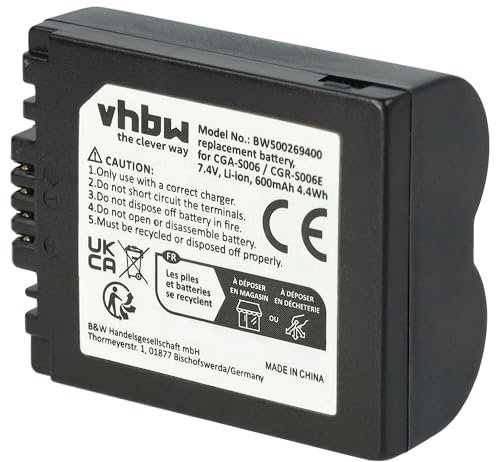 vhbw Batterie Compatible avec Panasonic Lumix DMC-FZ18, DMC-FZ30, DMC-FZ28, DMC-FZ50, DMC-FZ38, DMC-FZ35 Appareil Photo (600mAh, 7,2V, Li-ION)