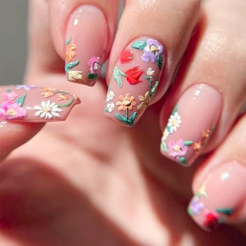 Long Square False Nails - Fake Nail with Flower Nails Tip with Glue - Acrylic Full Cover Stick on Nails - Nude Pink Press on Nail for Women Girls Valentines Days Nails Art Accessories (Pink Flower)