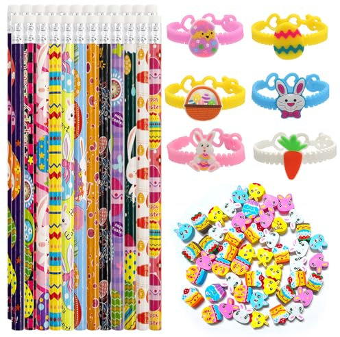 SANLIUSANJIU 24 Stück Ostern Bleistifte+50 Stück Radiergummi Ostern+6 Ostern Cartoon-Armband, HB Stifte Set, Bleistifte Stifte Ostern, Ostern Geschenk Mitgebsel