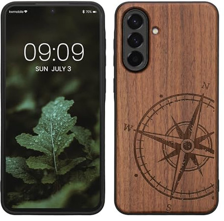 kwmobile Hülle kompatibel mit Samsung Galaxy A56 5G Hülle - Holz Case - Handy Cover - TPU Handyhülle in Dunkelbraun Kompass Vintage