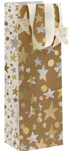 Glick Large Bottle Gift Bag, Golden Stars, 125 x 360 x 120 mm, Luxury Recyclable Bag for Birthdays & Celebrations