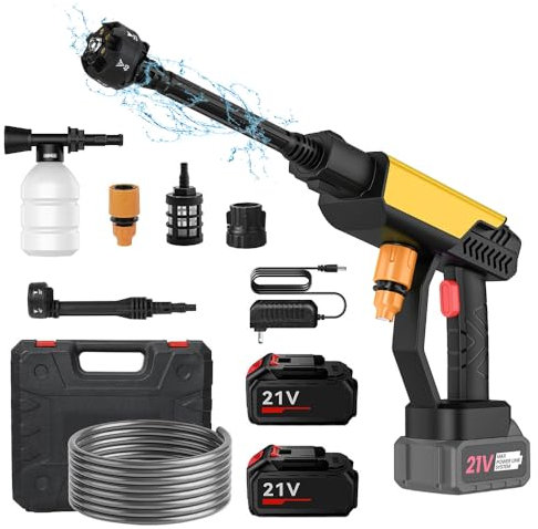 Nettoyeur Haute Pression Buse 6 en 1, 60Bar Nettoyeur Haute Pression sans Fil avec 2 Batteries de 3,0Ah, Pistolet Haute Pression avec Tuyau 5 M, Pulvérisateur de Mousse, pour Jardin et Voiture (Jaune)