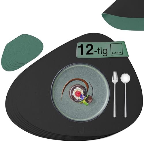 SÄNGER | Untersetzer & Platzsets abwaschbar aus Kunstleder 12 teilig, Platzdeckchen Tischuntersetzer für 6 Personen-rutschfest doppelseitig wasserdicht- Tischset Untersetzer Schwarz Grün 44 * 37cm