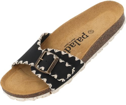 Palado Pantoletten Damen Malta Stitch - bequeme Sandalen Made in Spain - Hausschuhe mit dämpfendem Kork-Fußbett - modische Sommerschuhe Schwarz UK4,5 - EU37