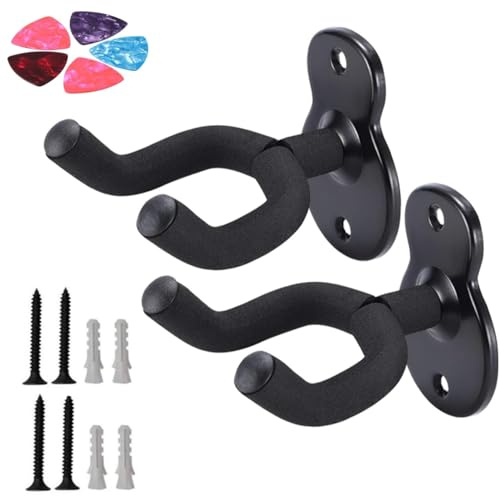 2 Paquetes de Soporte para Guitarra Pared, Gancho Colgador de Metal Negro con Espuma Protectora Antideslizante, para Guitarra Acústica/Eléctrica/Clásica, Bajo y Ukelele – Montaje Seguro y Estable
