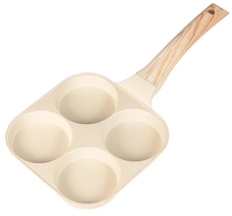 4-Hole Egg Frying Pan Multi Nonstick Pancake Maker with Wooden Handle, Induction Hob Compatible Poached Egg Pan & Breakfast Cookware (White, 4 Hole)
