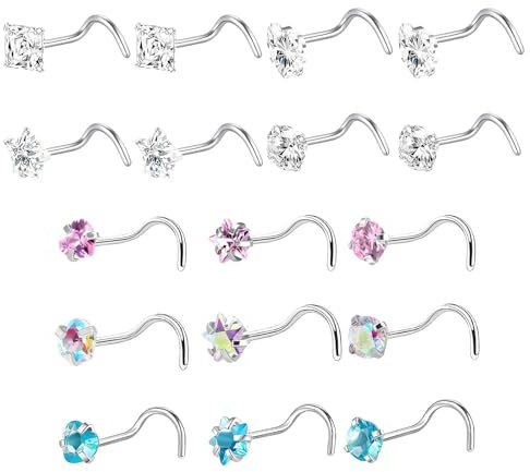 nuneoeuo 17 PCS Silver Nose Studs for Women, 20G Silver Nose Piercings | Corkscrew Shape Piercing Jewellery Small Size Zircon Piercing Kit Ears Lips Body Jewelry for Women Men